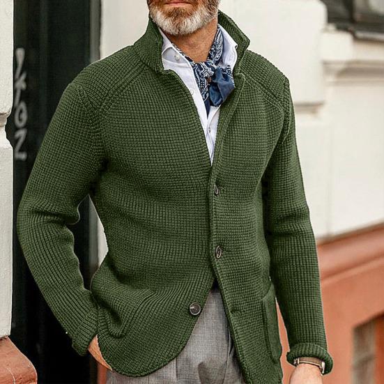 Stand Collar Long Sleeve Pockets Thickened Sweater Coat Men Autumn Winter Solid Color Buttons Placket Knitted Outerwear