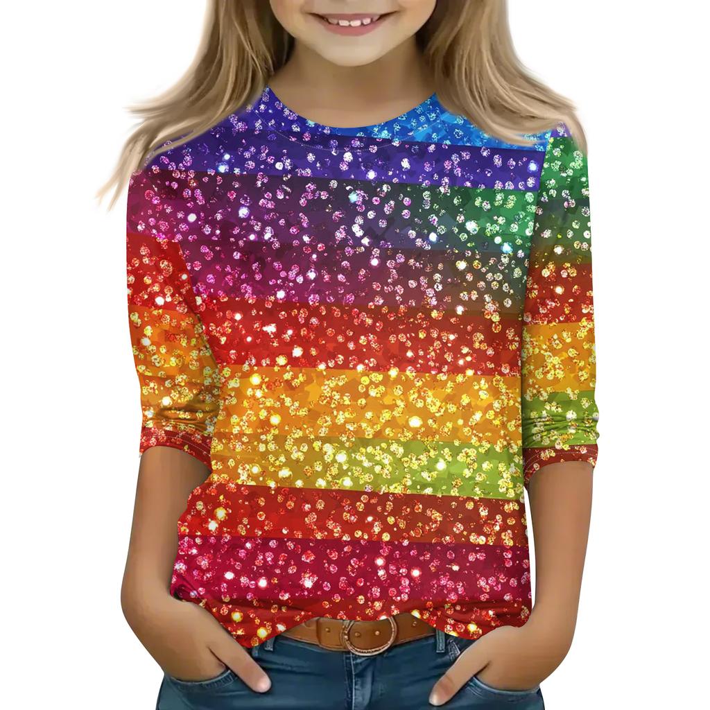 Print Tops For Youth Girls Round Neck 3/4 Sleeves T-Shirts Trendy Tops Outfit Tees