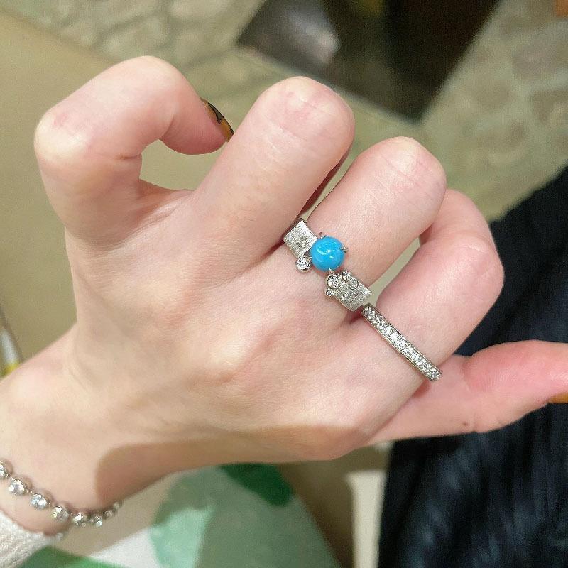 Simple Inlay Single Diamond Brushed Four Claw Turquoise Rings For Women Irregular Satin Round Bead Ring Jewelry