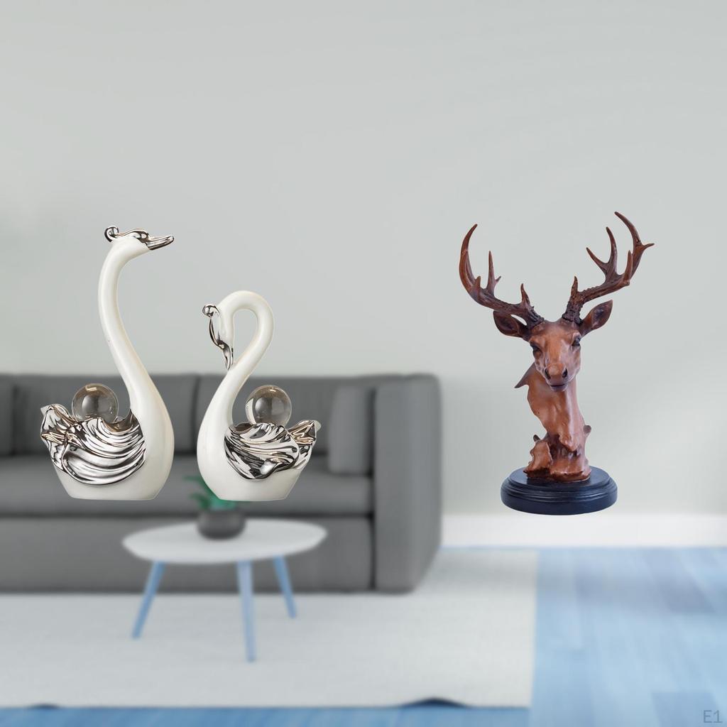 Porcelain Swan Deer Head Figurine Collection Animal Statue Ornament for Living Room Bedroom Desktop