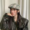 Retro plaid forward hat women's autumn new big head circumference duckbill hat showing face small beret tide