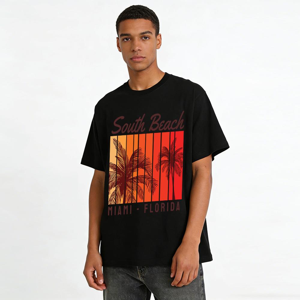 South Beach Miami Florida Palm Tree Graphic Casual Tee Pure cotton T-shirt