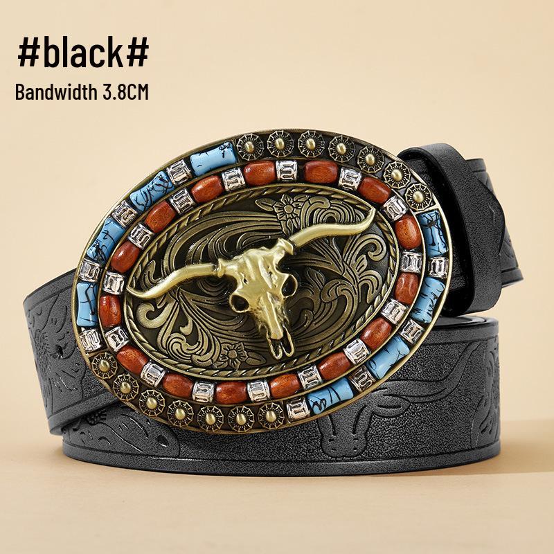 Men's Bull Head Western Leather Belt with Large Buckle