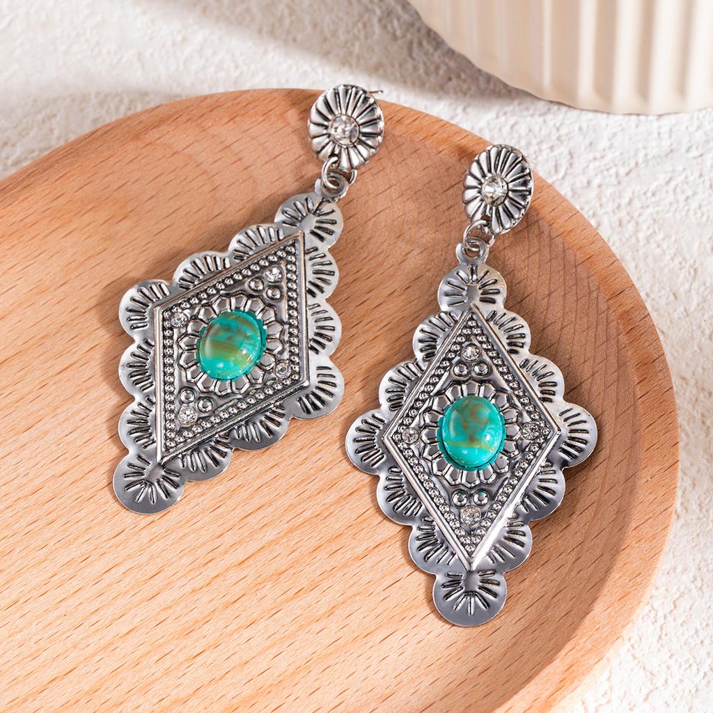 Vintage Carved Texture Turquoise Earrings, Bohemian Ethnic Style Rhombus Exaggerated Earrings For Women
