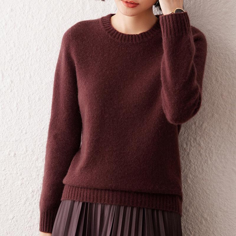 Women's 7-Gauge Double-Ply Cashmere Sweater - Autumn/Winter 2026 Collection, Versatile Solid Color Round Neck Sweater