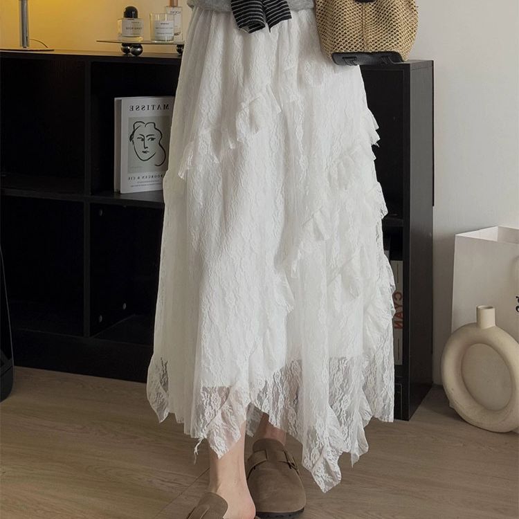 Koreansk Stil Asymmetrisk Spets Midi-kjol för Kvinnor - Sommar Tunn Design A-linje Utsvängd Lager-på-lager Tårta-kjol