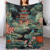 GUOYU Decke Überwurfdecke Chinoiserie Anthrazit Koralle Pagode Flanell Fleece Überwurfdecke Japanischer Asiatischer Stil Decke Pagode und Blume