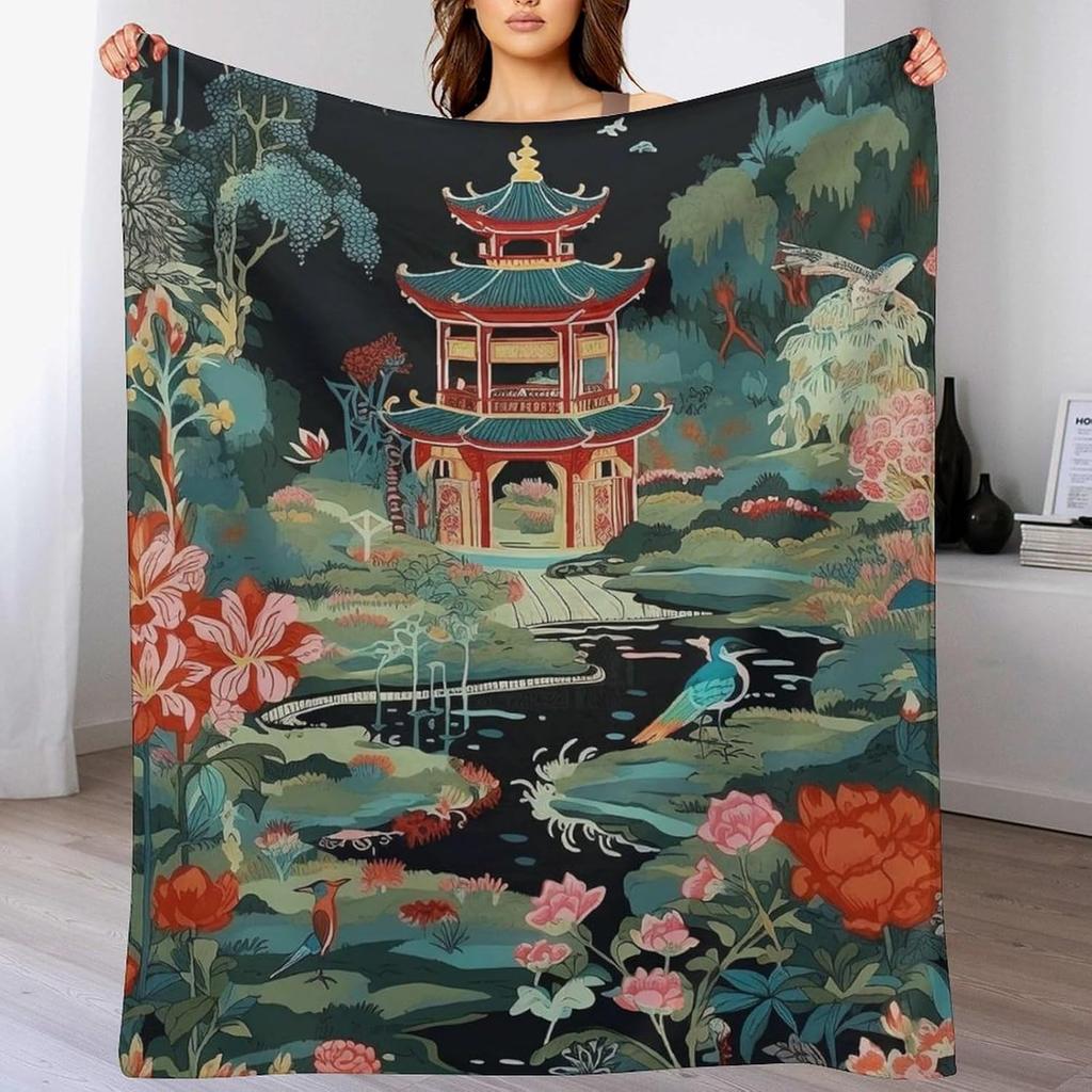 GUOYU Decke Überwurfdecke Chinoiserie Anthrazit Koralle Pagode Flanell Fleece Überwurfdecke Japanischer Asiatischer Stil Decke Pagode und Blume