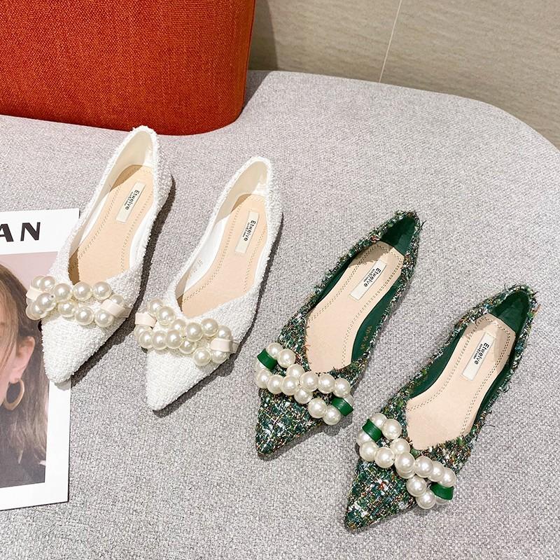 Pantofi Plați Noi de Primăvară Vară 2025 cu Vârf Ascuțit Femei Verde Alb Pur Balerini cu Perle Mari Design Unic Mărimi Mari 44 45 46 33 34