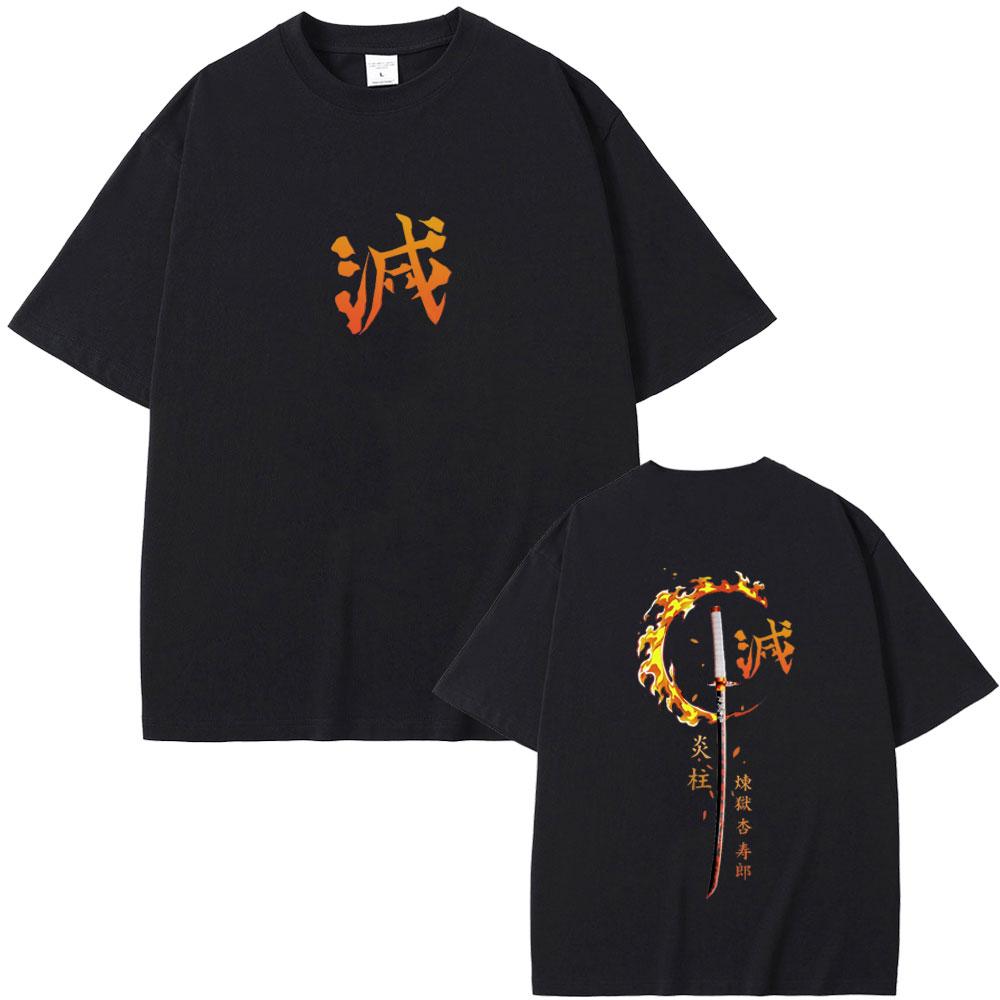 Anime Demon Slayer Rengoku Kyoujurou T Shirts Men Women Clothing Cotton Crewneck T-shirt Male Fashion Vintage Tshirt Streetwear
