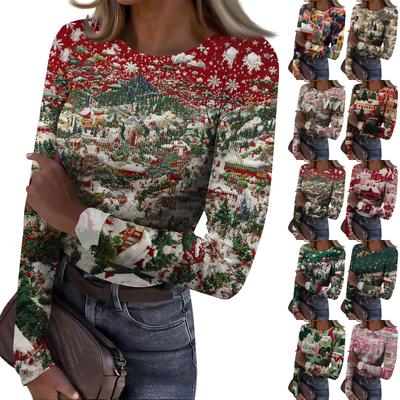 Women's  Slim Bottom T-shirt Fashion Casual Gradient Printing Round Neck Pullover Long Sleeve Top