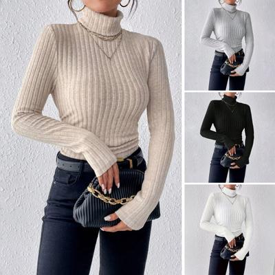 Damen Stricktops Rollkragen Langarm Einfarbig Pullover Slim Fit Gerippter Saum Tops Winter Strickware