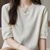 Kurzärmeliges Strick-T-Shirt Damen Lässiger Rundhals-Pullover Einfarbig Locker Halbarm-Pullover