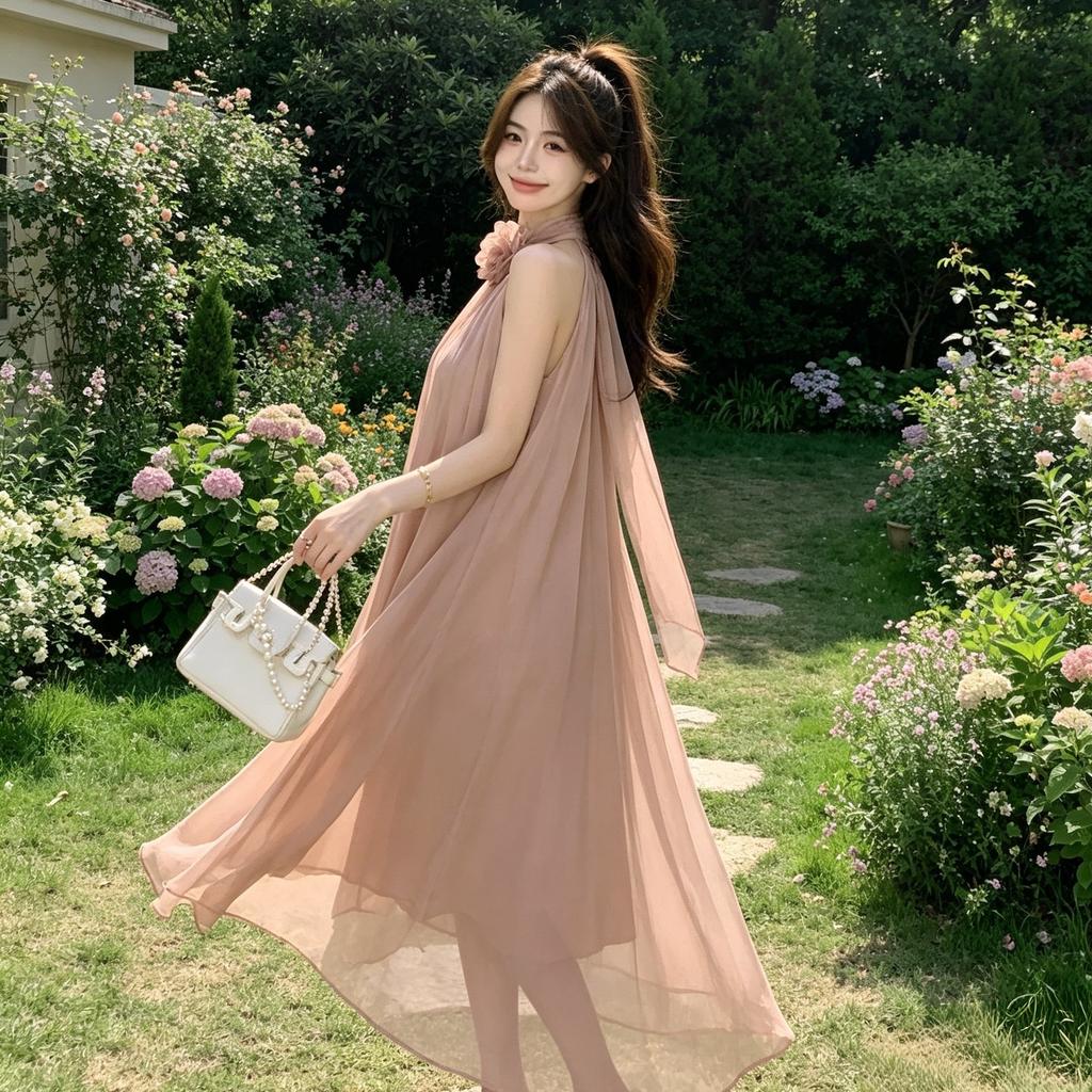 Design sense loose flower neck sleeveless dress fairy summer gentle wind French off-the-shoulder skirt long dress tide