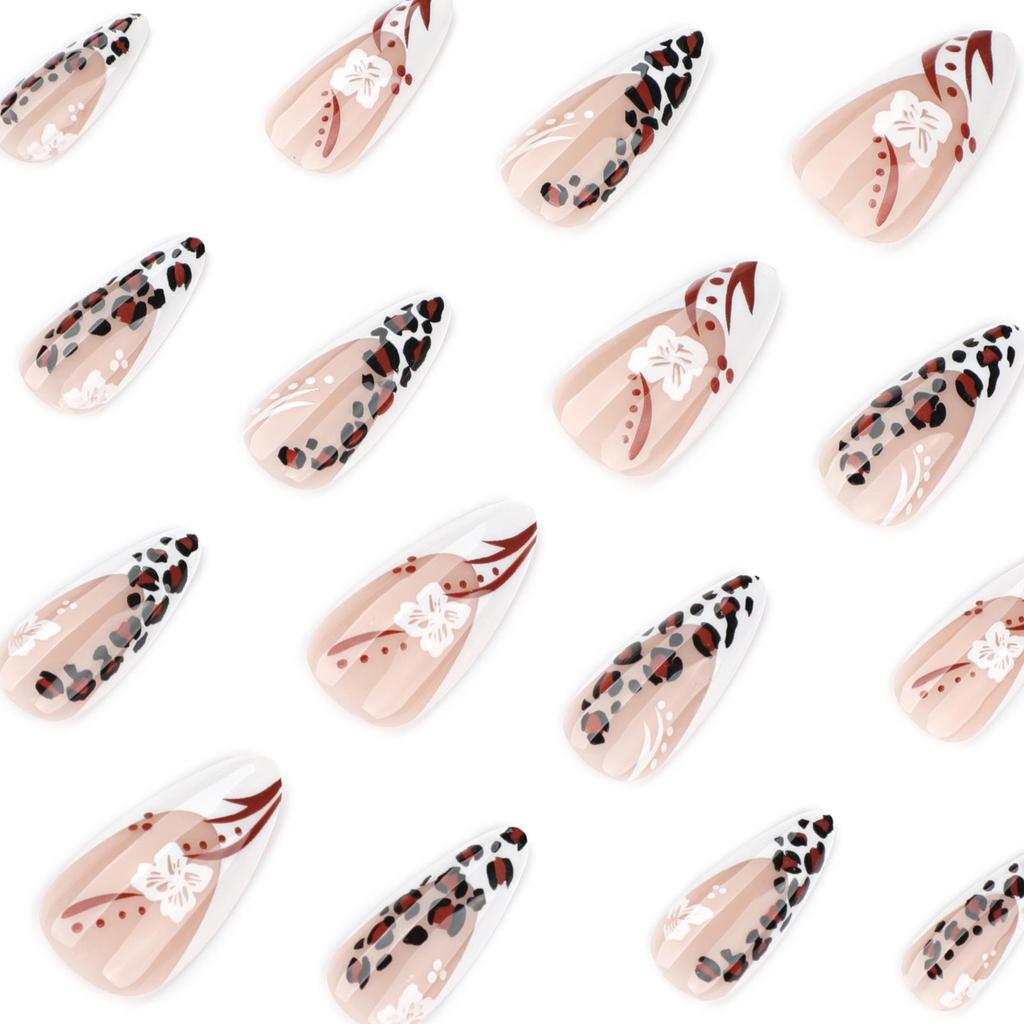 Leopard Print Almond Fake Nails with French White Flowers