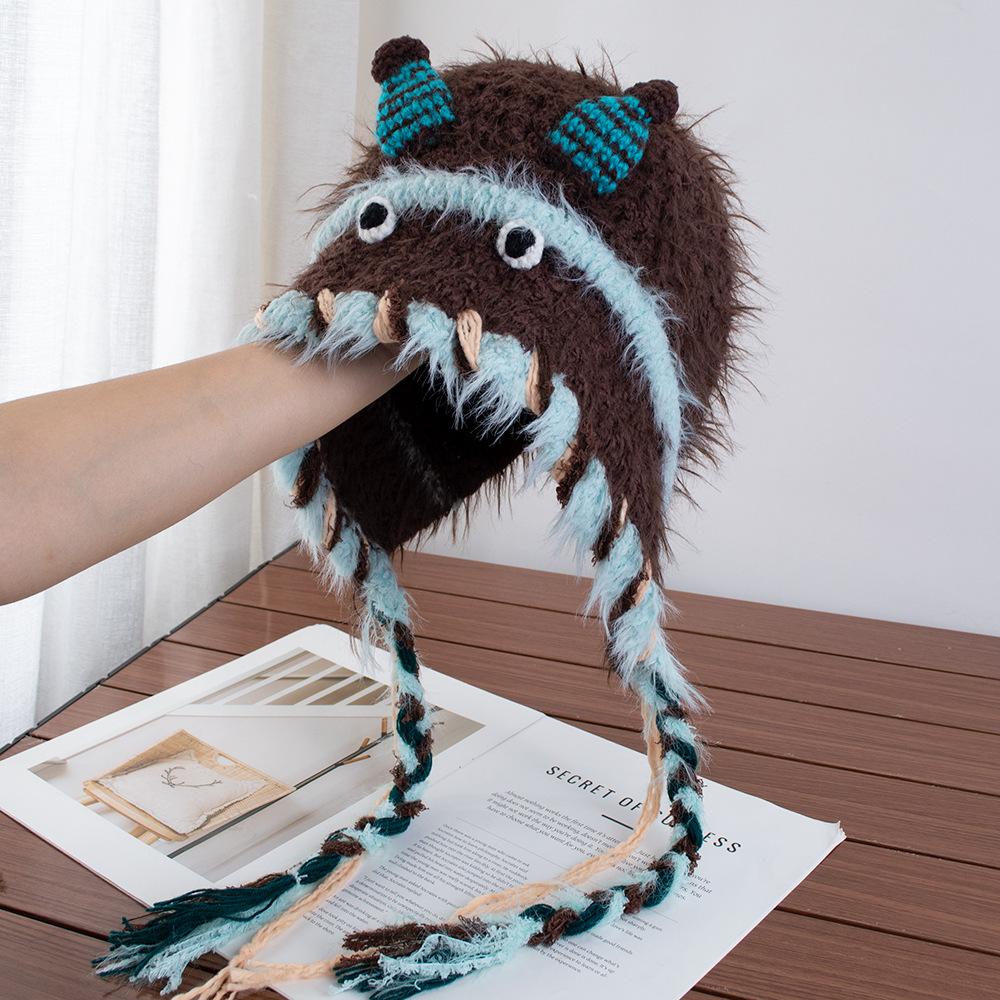 Cartoon Little Monster Woolen Hat Female Autumn and Winter Fringed Braid Headgear Warm Ear Protection Lei Feng Hat