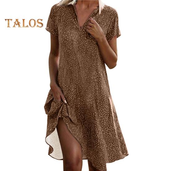Summer Dress Dot Printing Short Sleeves Loose A-line Shirt Dress V Neck Knee Length Midi Dress for Dating Travel Vacation