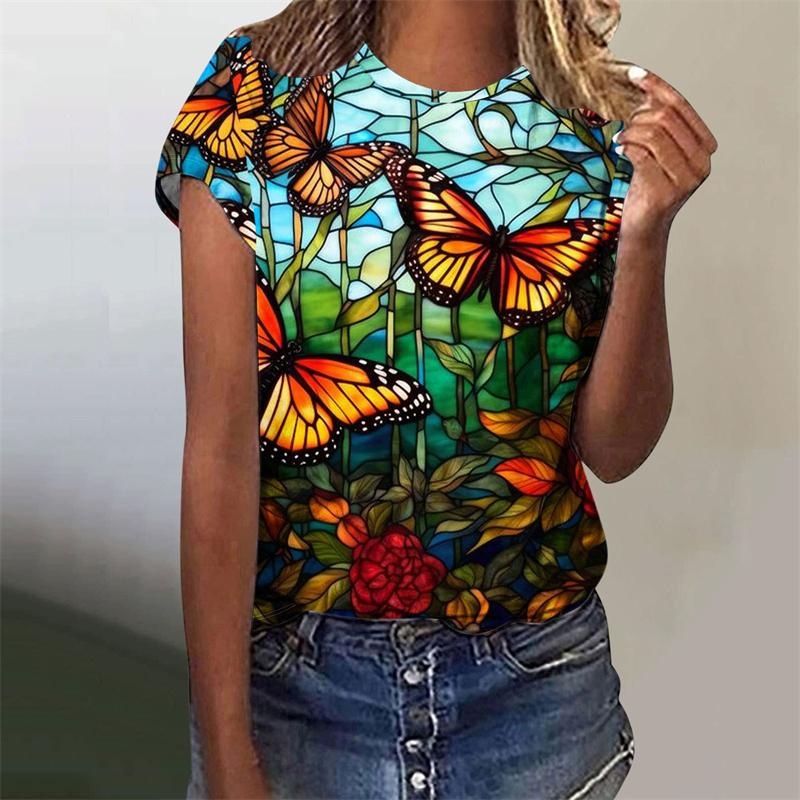 Buntes Schmetterling Tierdruck T-Shirt Damen Harajuku Vogel Blume Grafik Kurzarm T-Shirts Mode Grafik O-Ausschnitt T-Shirt Top