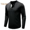 Men Spring Top with Chest Pocket Buttoned O Neck Slim Fit Long Sleeve Bottoming Clothes Solid Color Stretchy Pullover T-shirt