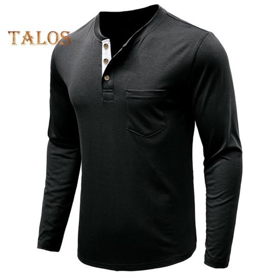 Men Spring Top with Chest Pocket Buttoned O Neck Slim Fit Long Sleeve Bottoming Clothes Solid Color Stretchy Pullover T-shirt