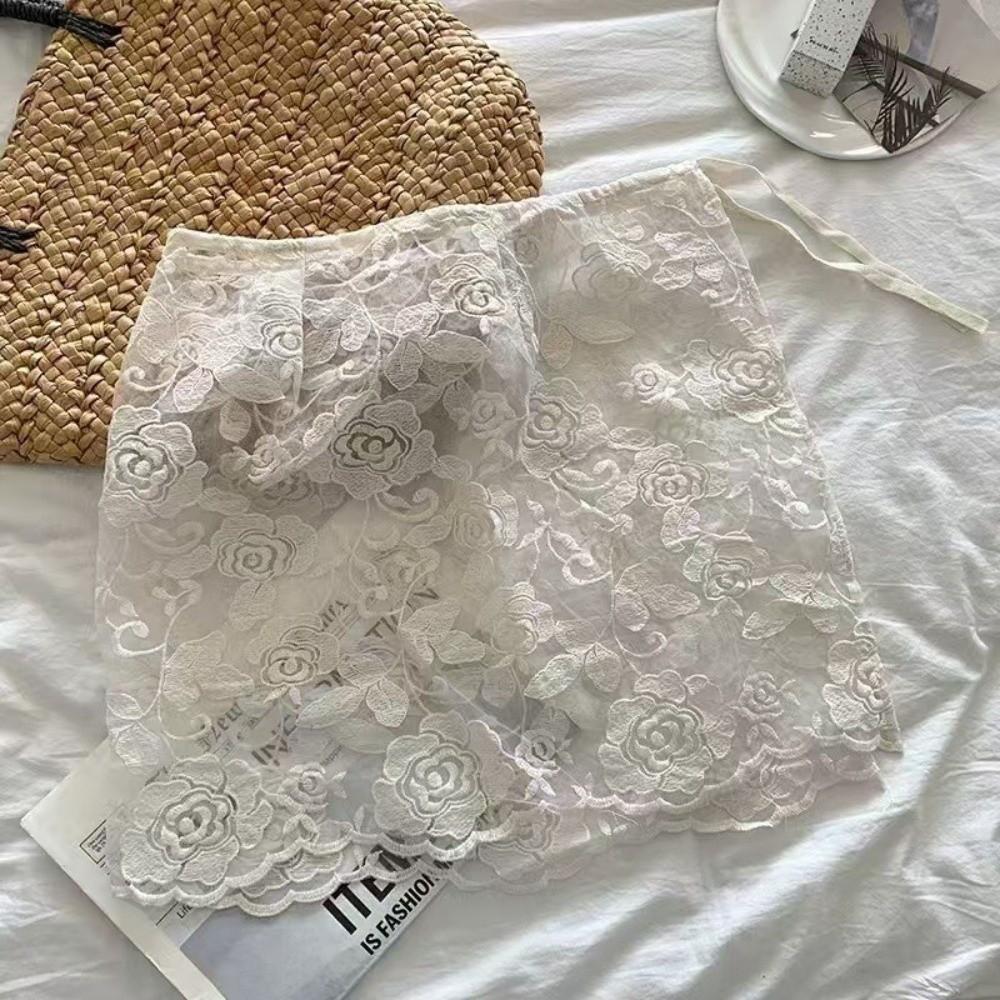 JEANS Decor Lace Fart Curtain Slim Fit Side Button Hip Curtain Sweet Sheer See Through Apron Skirt Summer