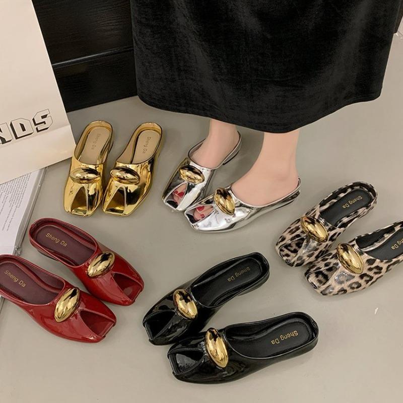Women Mules Slippers Patent Leather Casual Cool Slippers Designer Metal Buckle Fish Mouth Slippers for Women Half Slides