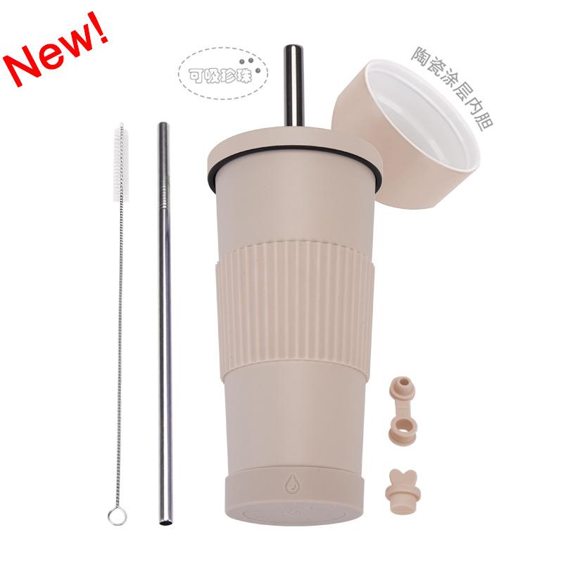 2025710Ml Stainless Steel Straw Cup Female Ceramic Liner Milk Tea Cup Non-Slip Portable Straw Thermos Cup