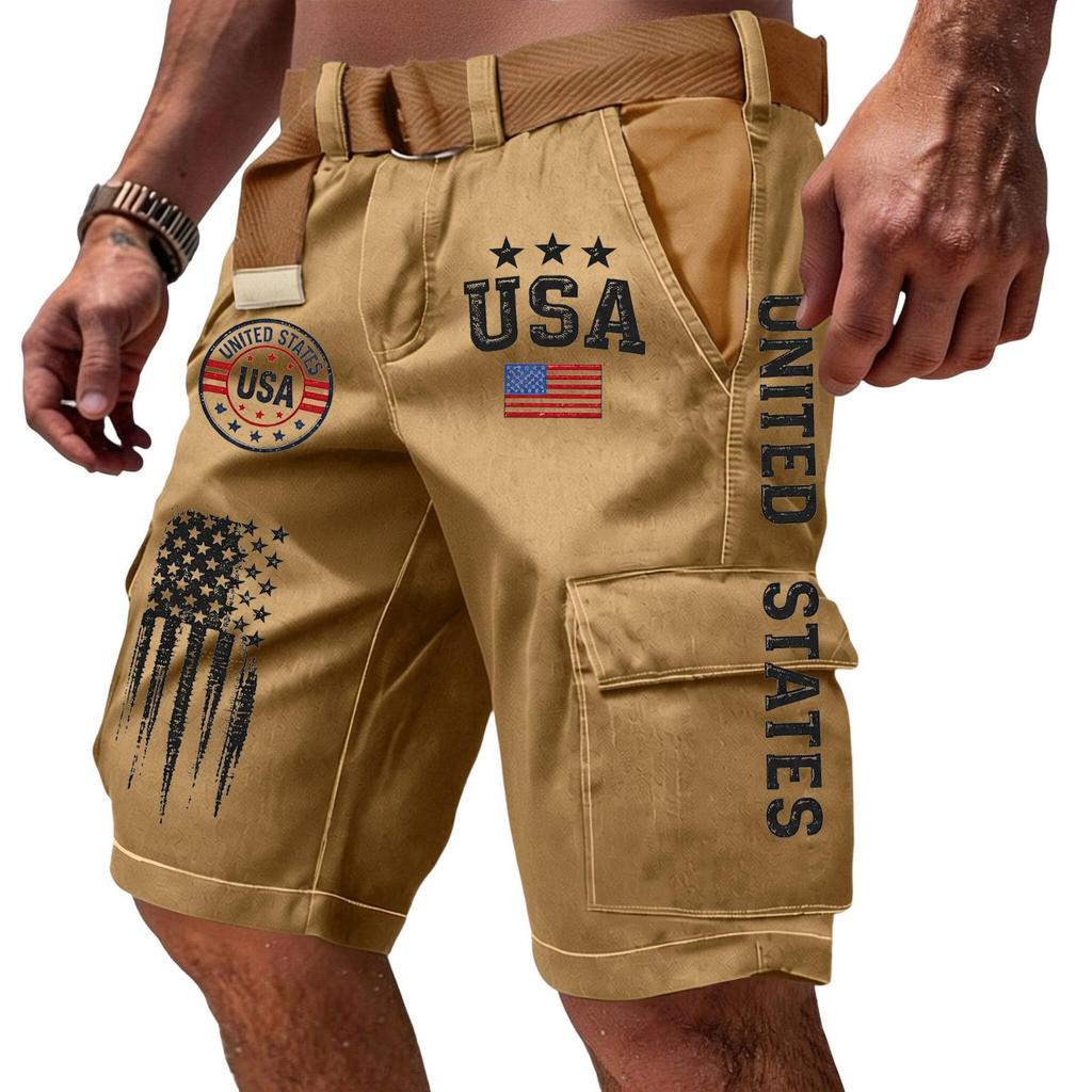 Pantaloncini Cargo Casual da Uomo Multi Tasche con Ricamo e Stampa Bandiera Tessuto Leggero Resistente Adatti per Attività all'Aperto