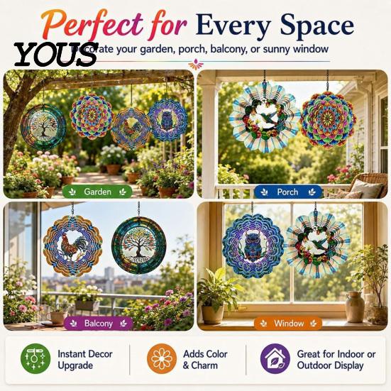 Decorative Spinner for Trees And Fences Outdoor Owl/Hummingbird/Flower/Tree of Life/Rooster Wind Spinners, Reflective Spinners Garden Decor,