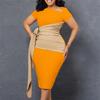 Pleated Strap Clothing Summer Short Color Matching Large Size Women's Sleeve Diagonal Collar Sheath Dress