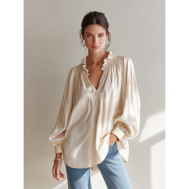 Womens Loose V-Neck Ruffled Puff Sleeve Shirt Top 2026 Fall Casual Oversized Blouse