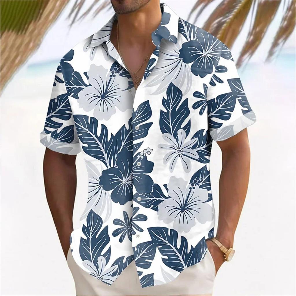 Men's Trendy Artistic Floral Print Short Sleeve Shirt, Casual Vacation Style Lapel Button-down Top, Perfect for Daily Outings & Beach Wear