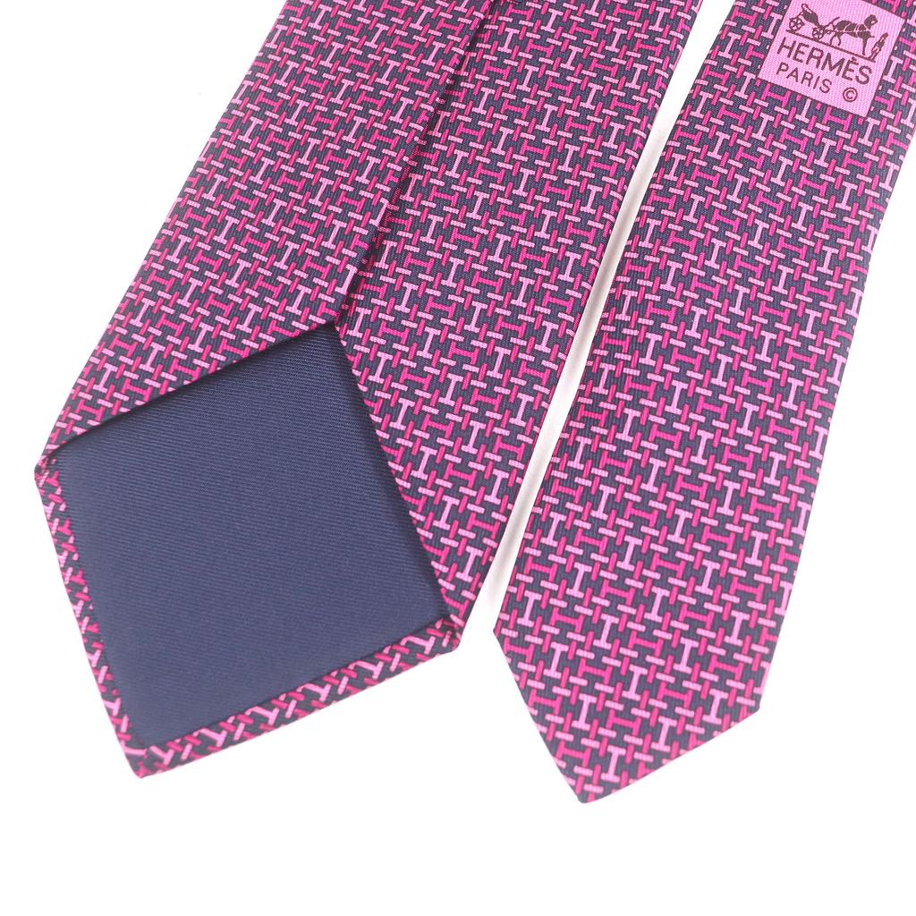 Excellent HERMES tie H logo motif all-over print regular tie Navy silk mens 5647 EA Used