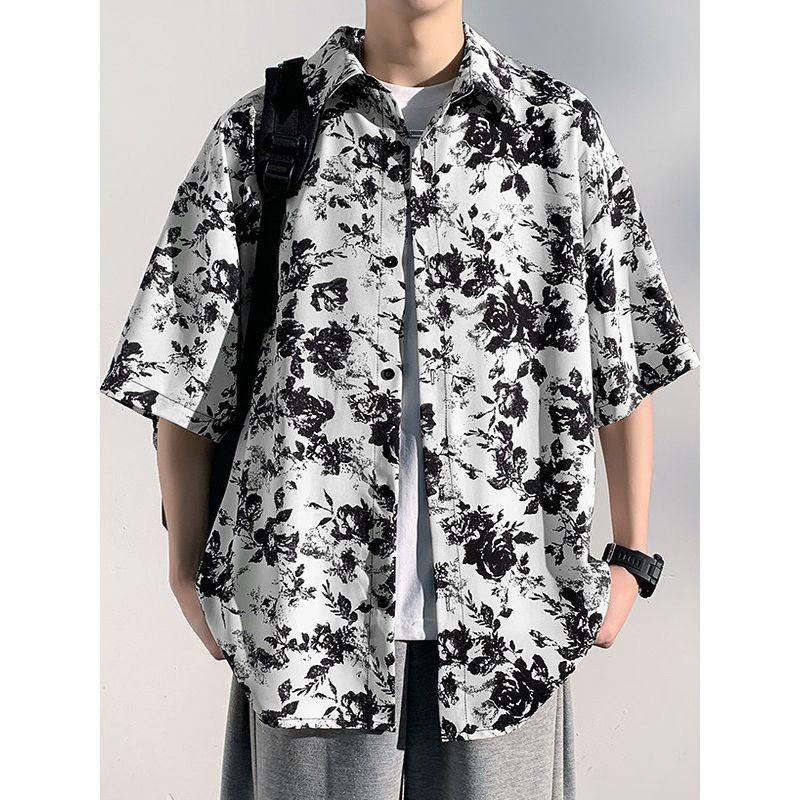 Japanese-Style Vintage Floral Full-Print Shirt for Men, Summer High-End Casual Loose Short-Sleeve Shirt
