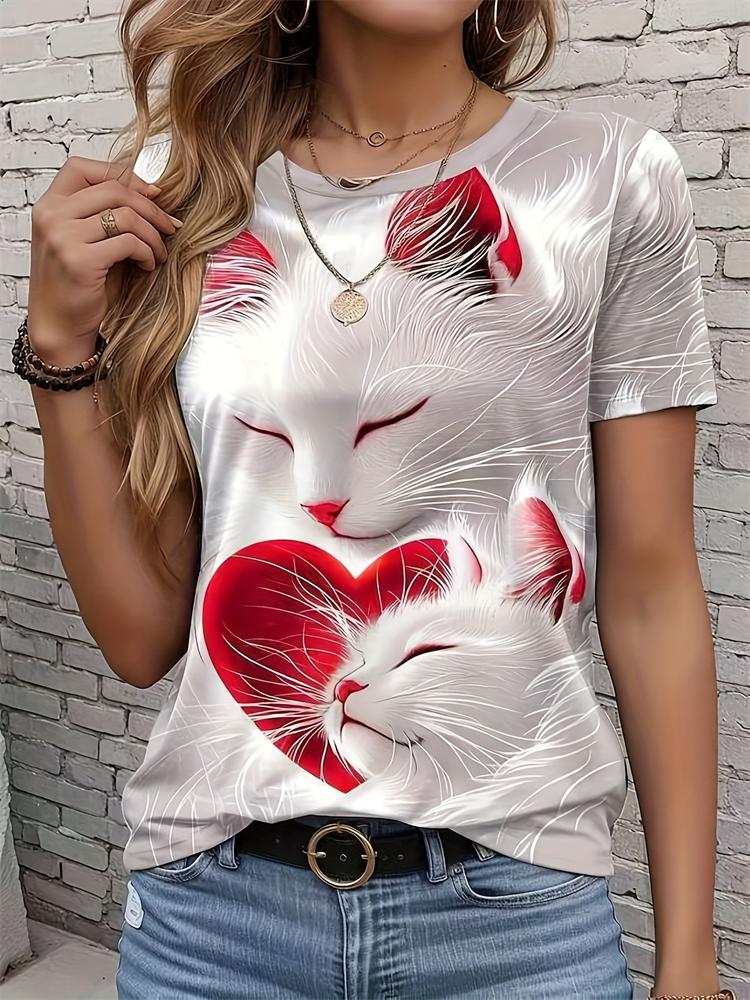 Sommer Freizeit Damen T-Shirt Cartoon Süße Katze Aufdruck O-Ausschnitt Kurzarm Damen Outdoor Lockeres T-Shirt Tops Elegante Kleidung