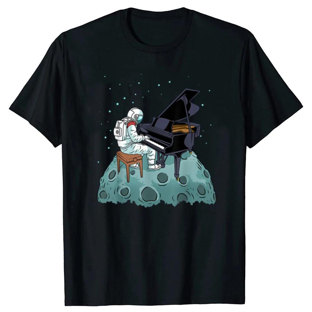 Astronaut Playing Grand Piano on Moon Graphic Tee Breathable Cotton Short Sleeve TShirt S