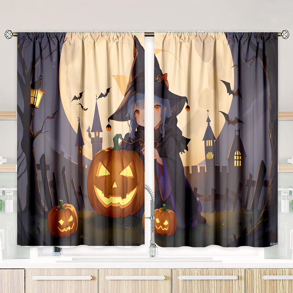 2 Pieces - Halloween - Printed Curtain - Polyester Material - Suitable for Bedroom, Living Room, Study Private Curtain
