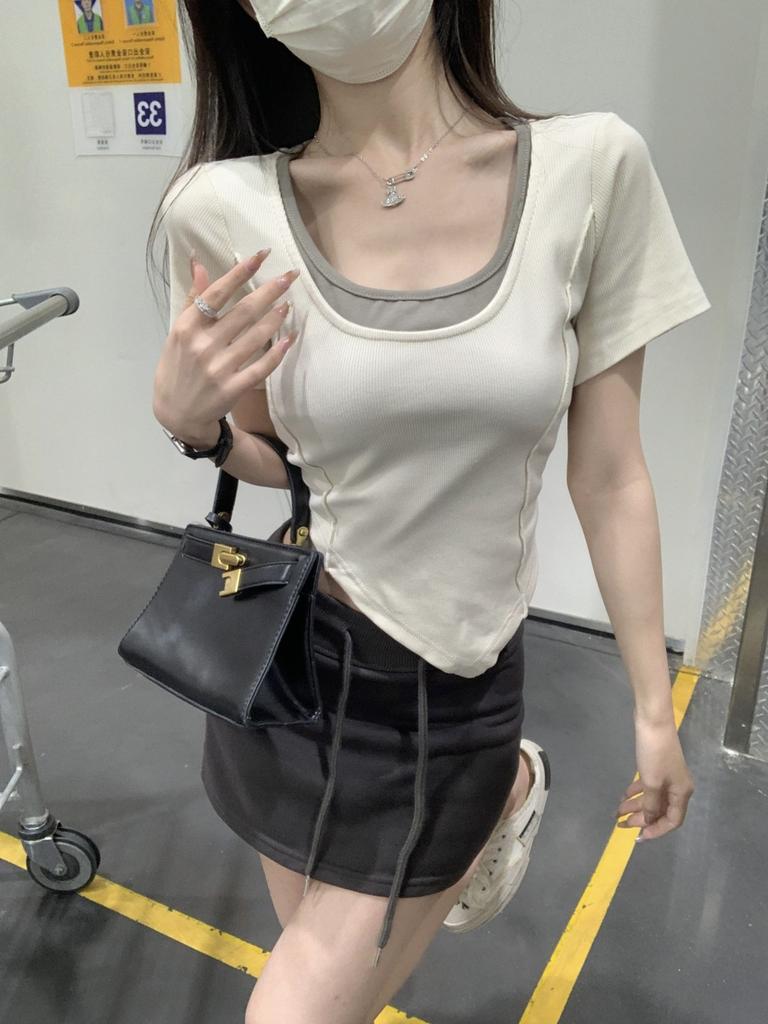 2024 Summer Women's Square Neck Slim Contrast Color Fake Two Piece Fishbone Design Short Sleeve Women's Tops T-Shirt Trendy