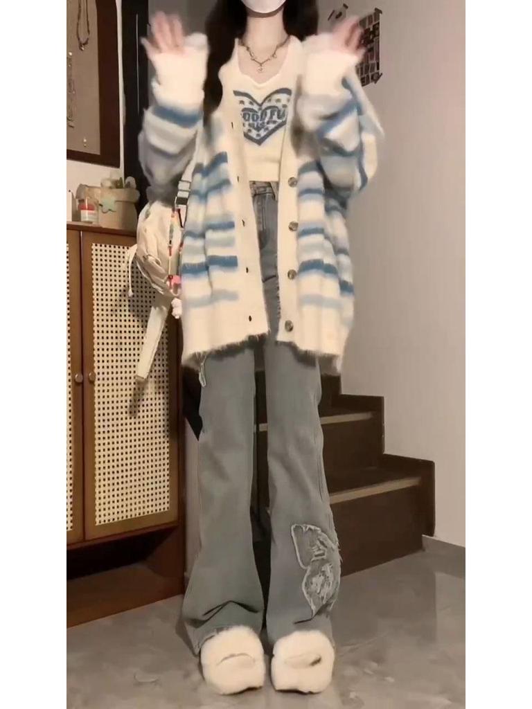 Damen Streifen-Cardigan-Set - Zweiteiliger Lazy-Stil, lockere Passform, weicher Strick für Frühling und Herbst