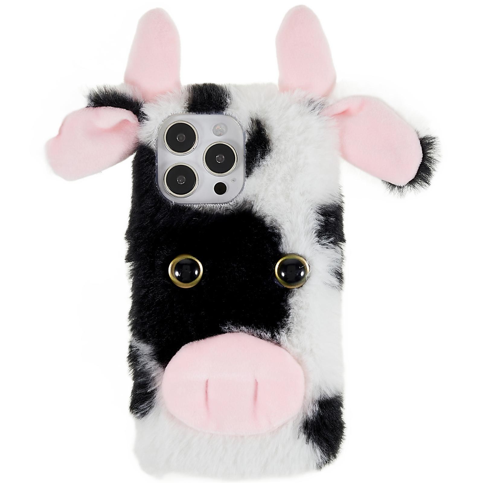 

For iPhone 15 Pro Furry Plush Case Milk Cow Ear Style TPU Soft Phone Shell Black