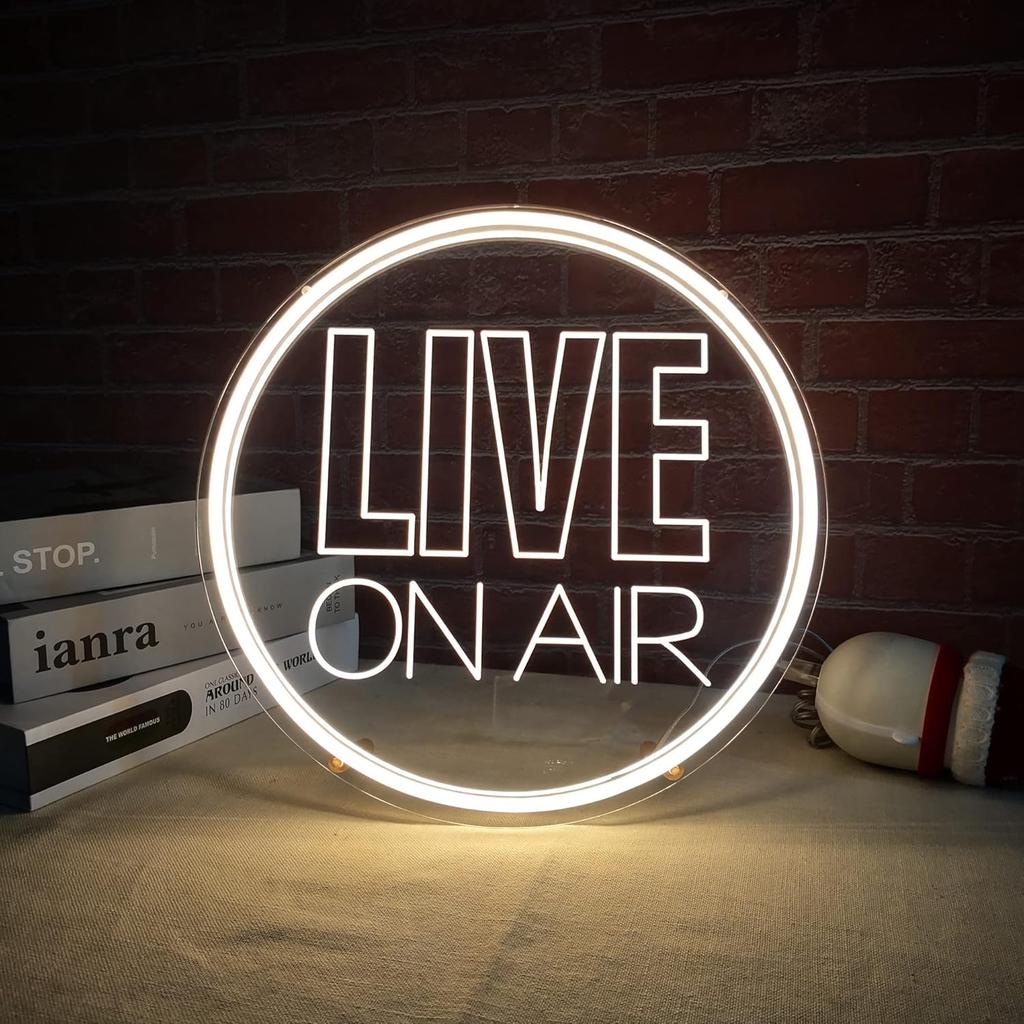 Neon Live On Air Light Sign, USB Powered On Air Led Light Up Sign, Dimmable Wall Décor Round On Air Streaming Neon Sign for Streamer, Gamer, Game