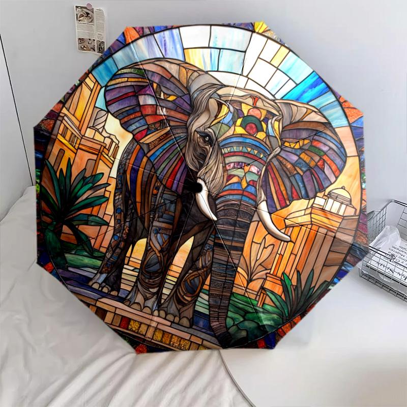 0106 Parasol automatycznie składany, wzór Słoń w oknie szklanym, przenośny i składany design, 8 żeber, prezent na Boże Narodzenie lub urodziny.
