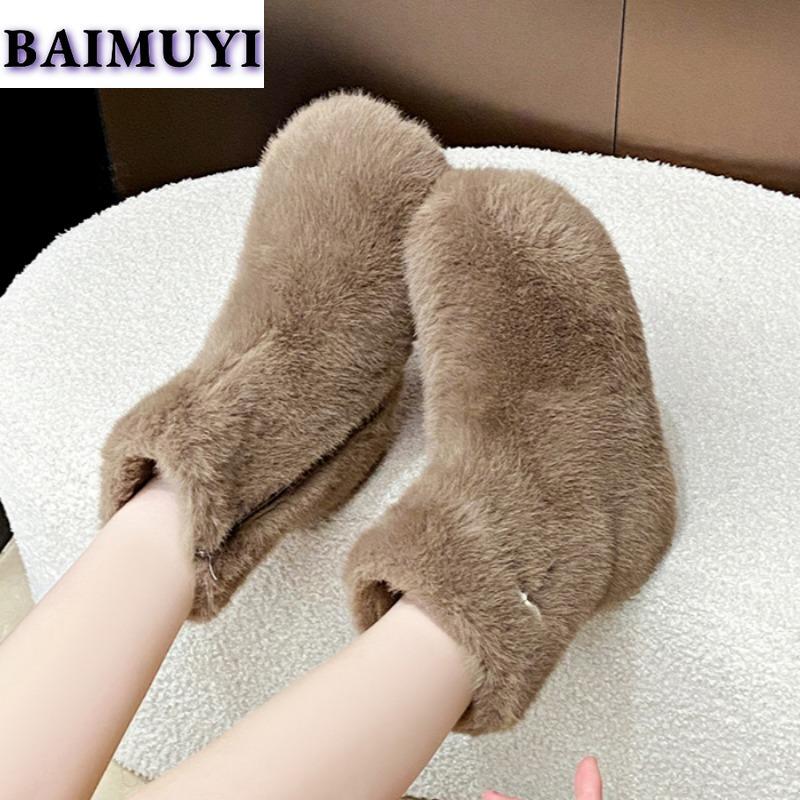 Winter Fur Flats Ankle Snow Boots Plush Warm Shoes Fashion 2025 Trend Designer New Walking Cozy Goth Chelsea Casual Botas Mujer