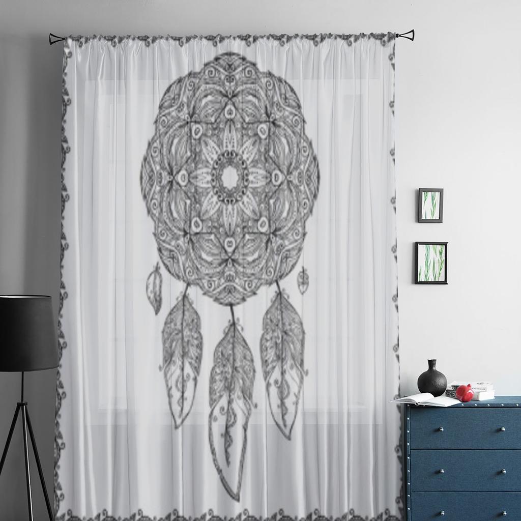 Black And White Dreamcatcher Sheer Curtain For Living Room Modern Voile Tulle Window Curtains For Bedroom Kitchen Drapes
