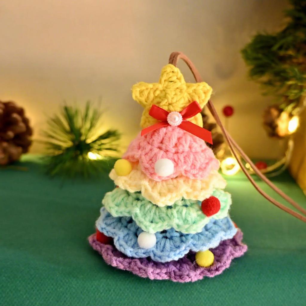 ChengNuo YiBai CNYB62 Handmade Crochet Christmas Tree Ornaments Boho Knitted Xmas Tree Hanging Metal Bell Rainbow Holiday Decor