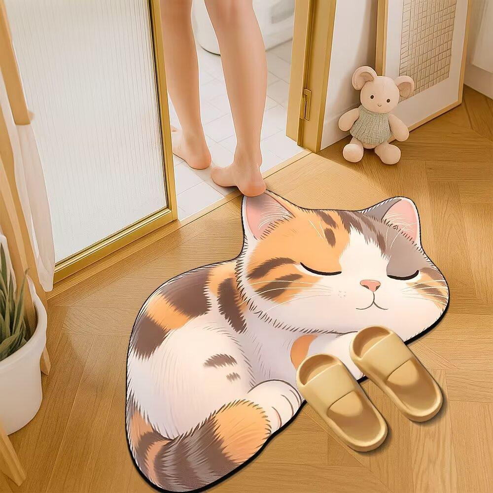 Cartoon Cat Bathroom Mat, Shower Room Water-absorbing and Wear-resistant Floor Mat, Room Dirt-resistant Door Mat