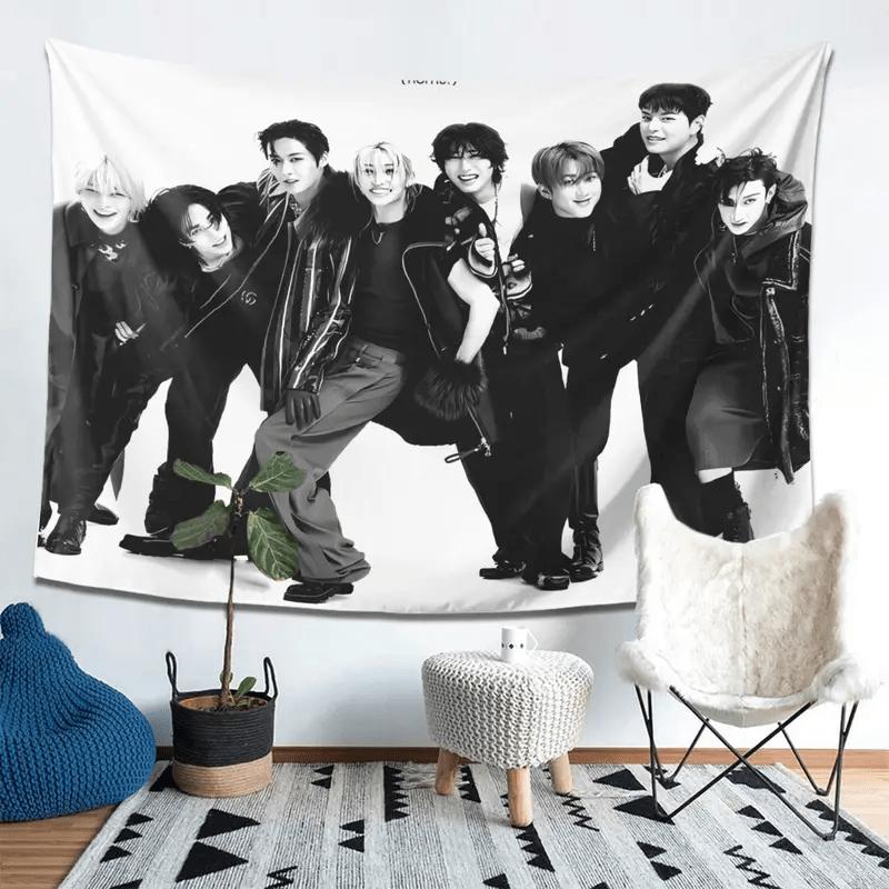 VIKAMA Stray Kids Black White Group Photo Tapestry KPop Trend Style Wall Hanging for Fans Bedroom Dorm Decor