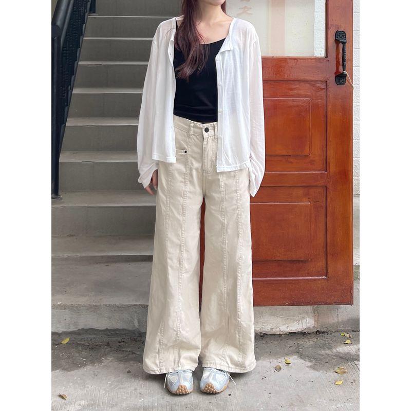 

American-Style Small Beige Apricot Wide-Leg Overalls Women s Summer Niche Design High Waist Loose and Slimming Straight-Leg Pants Sand white pants 155-165 XL