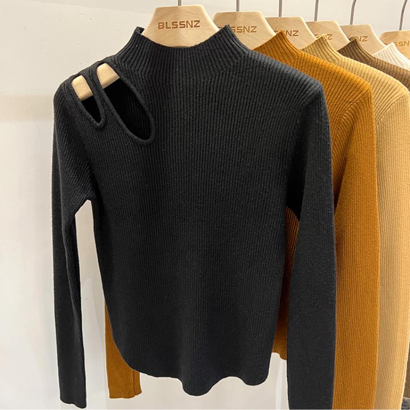 Autumn Chic Hollow Out Base Knitted Sweater for Women Fashion Winter Clothing Half High Neck Pullover Sweaters Ladies Slim Fit Knitwears Jumper 24987