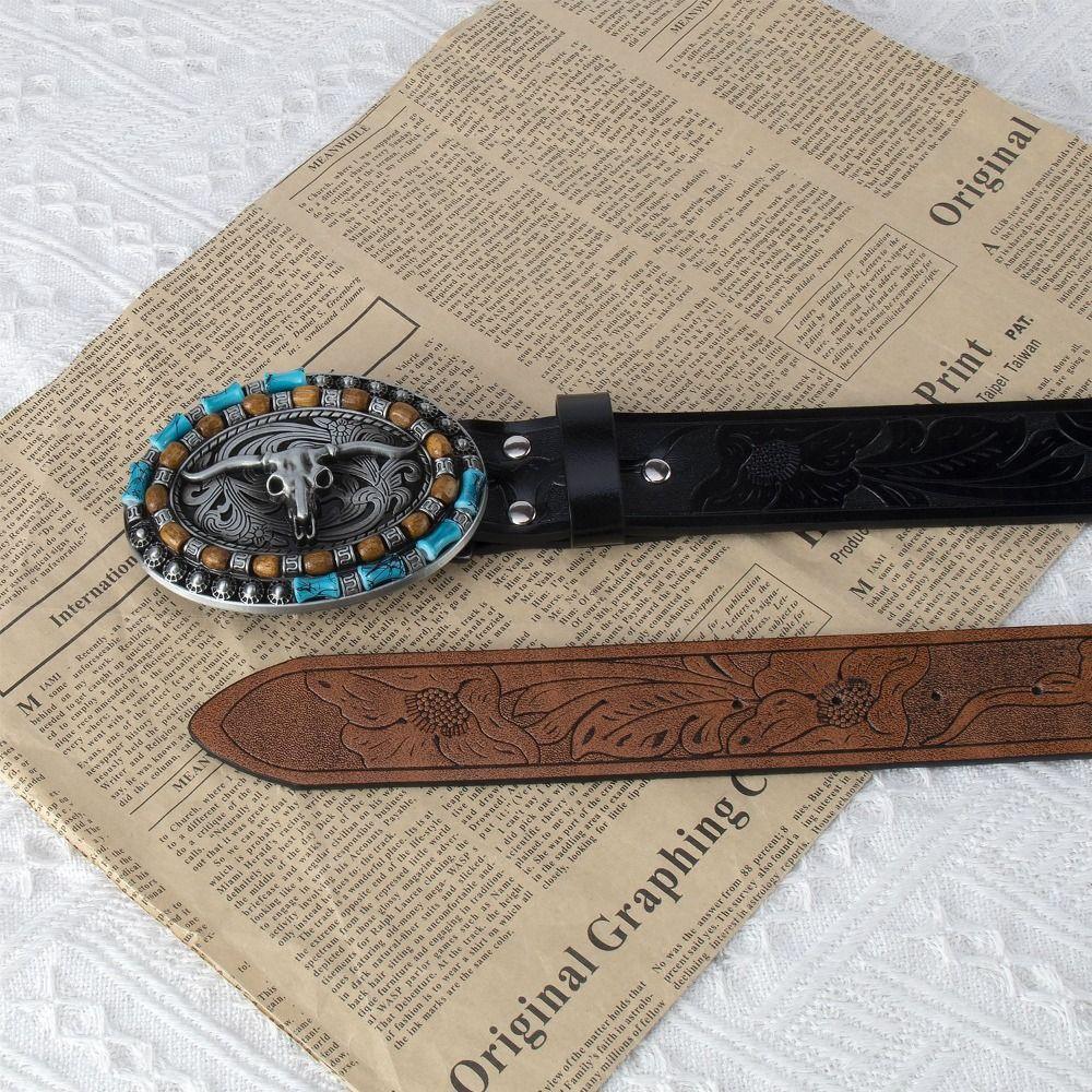 Carved Western Cowboy Belt Cow Head Buckle Embossed Belt Luxury Waistband  For Man Women